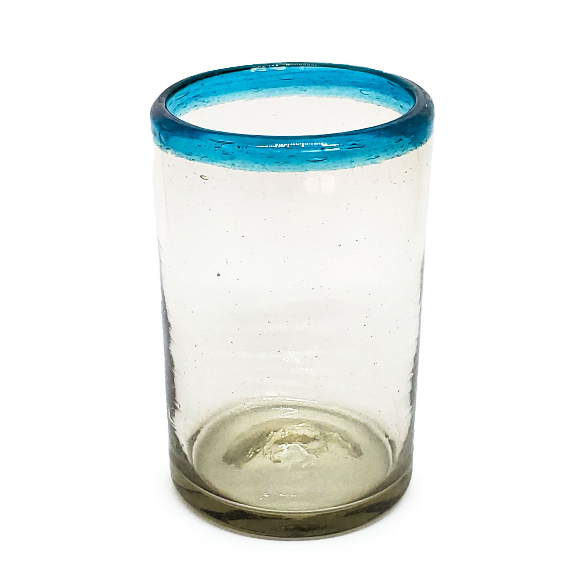 VIDRIO SOPLADO / vasos grandes con borde azul aqua, 14 oz, Vidrio Reciclado, Libre de Plomo y Toxinas